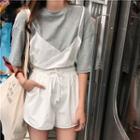 Set: Mock Two-piece Elbow-sleeve T-shirt + Wide-leg Shorts T-shirt - Gray - One Size / Shorts - White - One Size