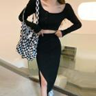 Long-sleeve Button-up Cropped T-shirt / High Waist Midi Pencil Skirt