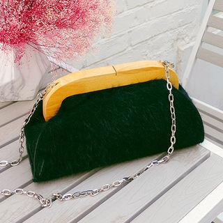 Wooden-frame Furry Shoulder Bag