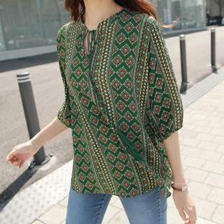Tasseled Tie-neck Patterned Blouse