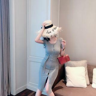 Short-sleeve Buttoned Sheath Midi Dress