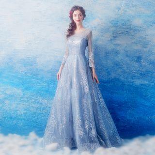 Long-sleeve Gather-waist Applique Evening Gown