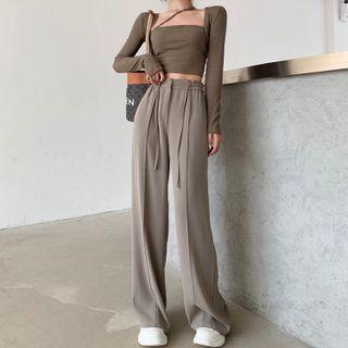 Set: Mock Two-piece Long-sleeve Plain T-shirt / Drawstring Plain Wide-leg Pants