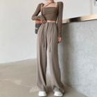 Set: Mock Two-piece Long-sleeve Plain T-shirt / Drawstring Plain Wide-leg Pants
