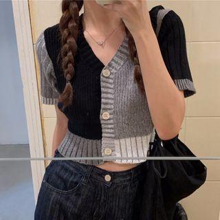 Short-sleeve Paneled Button Knit Top Black & Gray - One Size