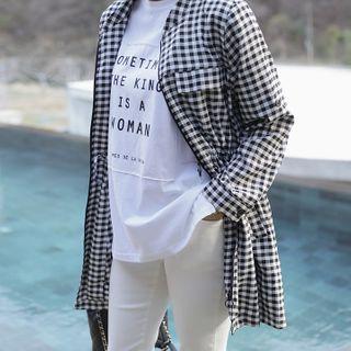Tab-sleeve Zip-up Gingham Coat