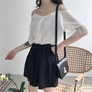 Set: Plain Off Shoulder Elbow Sleeve Blouse + Striped Skort