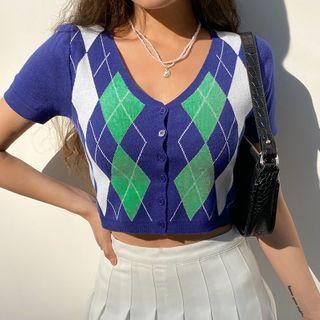 Short Sleeve V Neck Argyle Button Up Knit Top