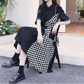 Mock Two-piece Short-sleeve Argyle Print Panel Midi Dress
