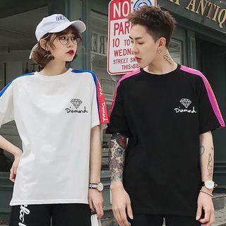Couple Matching Elbow-sleeve Contrast Trim T-shirt
