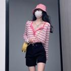 Long-sleeve Striped Henley Knit Top Pink - One Size