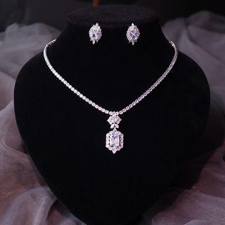 Set: Wedding Rhinestone Pendant Necklace + Earring Set - Necklace & 1 Pair Stud Earring - Silver - One Size