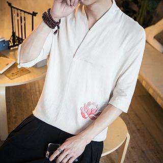 Embroidered Elbow-sleeve V-neck Top