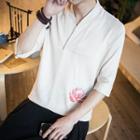 Embroidered Elbow-sleeve V-neck Top