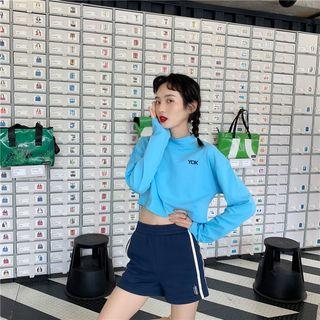 Long-sleeve Lettering Cropped T-shirt / Contrast Trim Sweatshorts