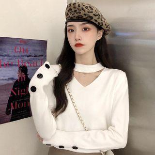 Long-sleeve Cut-out Buttoned Knit Top