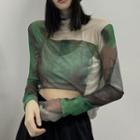 Long-sleeve Sheer Cropped T-shirt Green - One Size