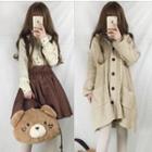 Hooded Long Cardigan / Bear Embroidered Shirt / Frilled Suspender Skirt / Bear Tote Bag
