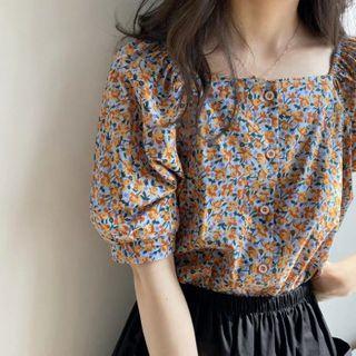 Puff-sleeve Floral Print Buttoned Chiffon Top