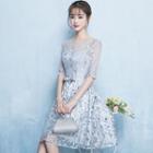 Elbow-sleeve Leaf Sequined A-line Short Prom Dress