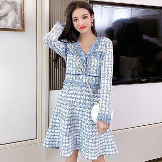 Long-sleeve Houndstooth Tasseled A-line Dress