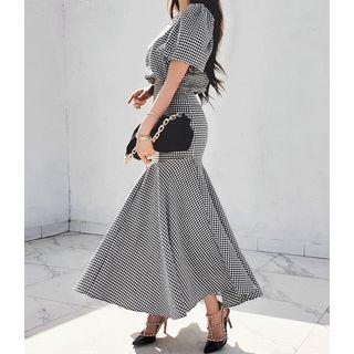 Set: Band-hem Cropped Top + Check Mermaid Skirt Black - One Size