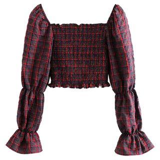 Plaid Cropped Square-neck Puff-sleeve Top