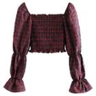 Plaid Cropped Square-neck Puff-sleeve Top