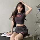 Set: Short-sleeve Lettering Half-zip T-shirt + Pencil Skirt