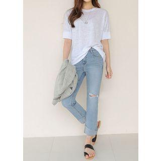 Plus Size - Round-neck Linen Blend T-shirt