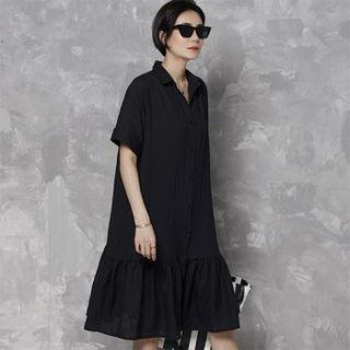 Cuff-sleeve Ruffle-hem Shirtdress Dark Blue - One Size