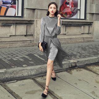 Set: Long-sleeve Velvet Dress + Tulle Jumper Dress