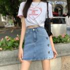 Heart Printed Denim A-line Mini Skirt