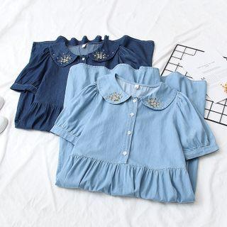 Elbow-sleeve Collared Denim A-line Dress