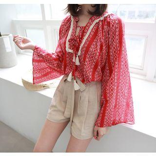 Wide Long-sleeve Tie-front Tasseled Pattern Top