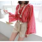 Wide Long-sleeve Tie-front Tasseled Pattern Top
