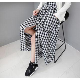 Band-waist Buttoned Gingham Long Skirt