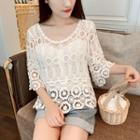Set: Elbow-sleeve Perforated Lace Top + Camisole