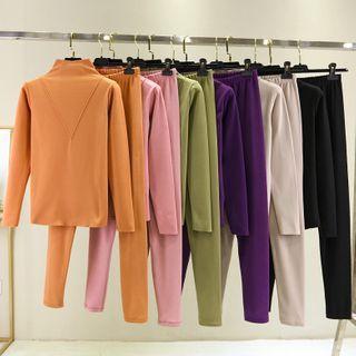Set: Mock-turtleneck Long-sleeve Top + Straight-cut Pants