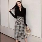 V-neck Long-sleeve Top / Plaid Straight-fit Skirt / Set