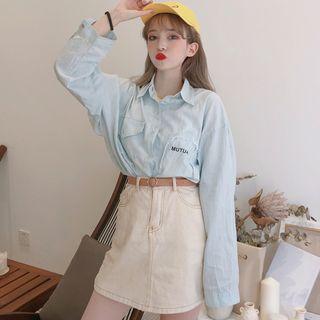 Boyfriend Lettering Denim Shirt Light Blue - One Size