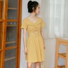 Short-sleeve Gingham Drawstring A-line Dress