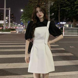 Puff-sleeve Plain Shirt + Overall Dress