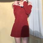 Cold-shoulder Lace Trim Knit Mini A-line Dress