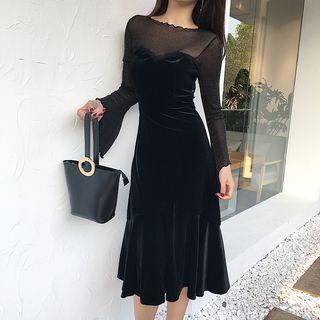 Velvet Mock-two Bell-sleeve Midi A-line Dress