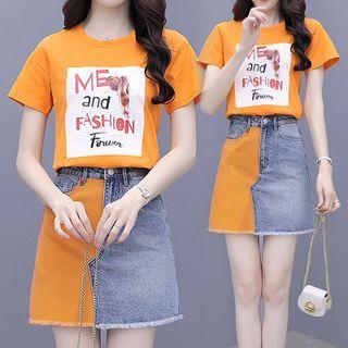 Set: Short-sleeve Lettering T-shirt + Two-tone Denim Mini Skirt