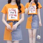 Set: Short-sleeve Lettering T-shirt + Two-tone Denim Mini Skirt