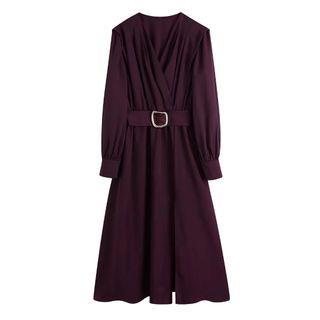 Long-sleeve Belted V-neck Midi A-line Dress