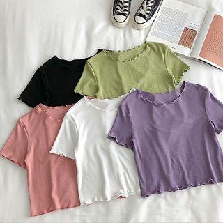 Plain Ruffled-trim Crewneck Short-sleeve Knit Top