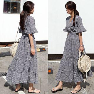 Plaid Elbow-sleeve Maxi A-line Dress
